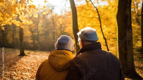 Senior Couple Enjoying Autumn Scenery in Golden Forest at Sunset