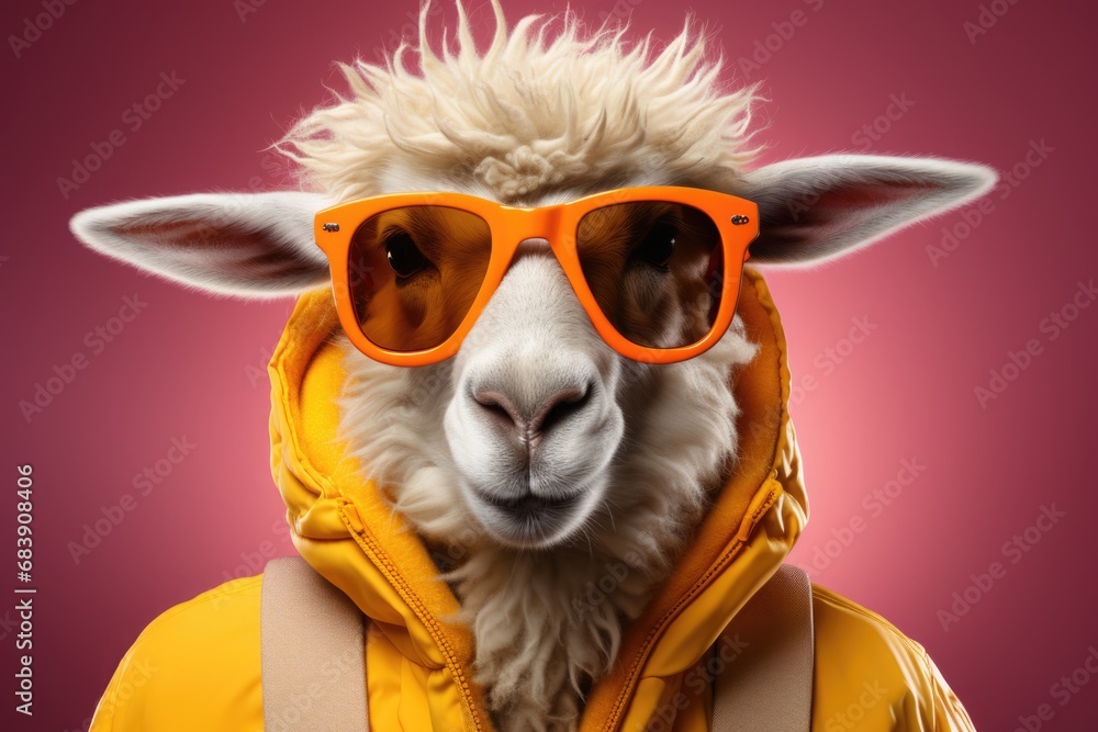 charming sheep wearing stylish sunglasses and yellow jacket. The soft pastel pink background enhances the whimsical and fashionable vibe of the image.