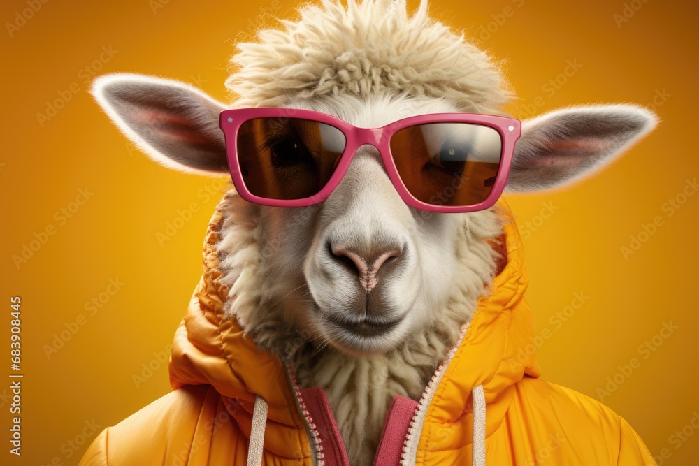 Charming sheep wearing pink stylish sunglasses in yellow jacket on yellow background enhances the whimsical and fashionable vibe of the image.