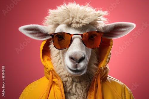 charming sheep wearing stylish sunglasses and yellow jacket. The soft pastel pink background enhances the whimsical and fashionable vibe of the image.