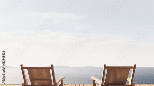 Serene Ocean View with Wooden Adirondack Chairs on Sunny Deck Overlooking Clear Blue Sea