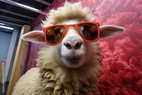 charming sheep wearing pink stylish sunglasses. The soft pastel background enhances the whimsical and fashionable vibe of the image. © Maria Tatic
