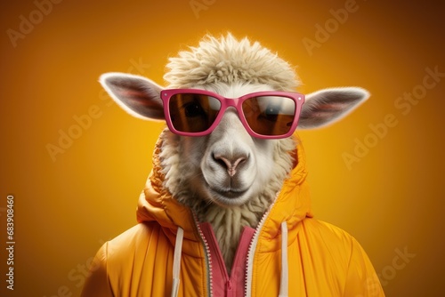Charming sheep wearing pink stylish sunglasses in yellow jacket on yellow background enhances the whimsical and fashionable vibe of the image. © Maria Tatic