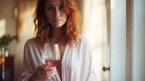 A glass of rose wine in the hands of beautiful woman in dress. Celebrate and enjoy the moment. Tasting of alcoholic beverages. Romantic evening aperitif. Glass for cocktails and wine. Generated AI
