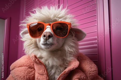 charming sheep wearing pink stylish sunglasses and pink jacket. The pink  background enhances the whimsical and fashionable vibe of the image.