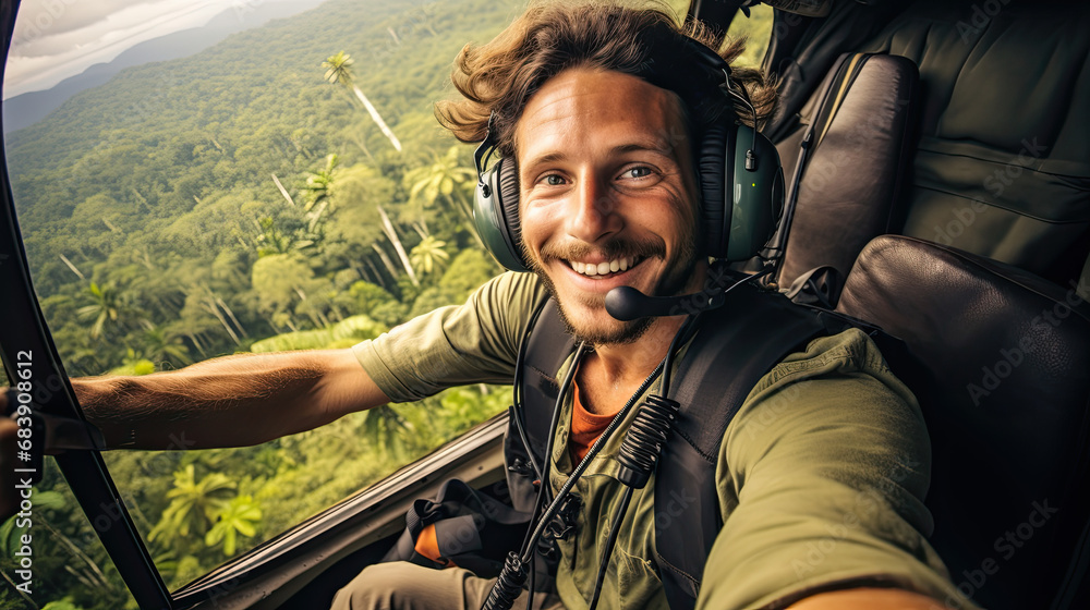 A man in a helicopter taking a selfie while flying over the jungle