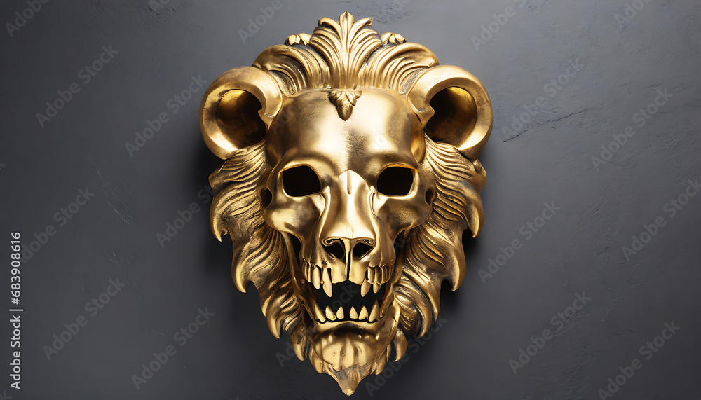 Posh gold lion skull on black wall photo with studio light product.