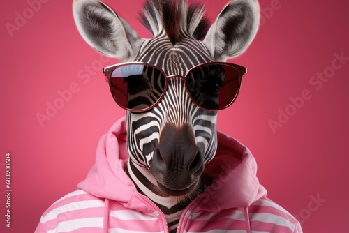 zebra wearing a pink and white striped hoodie and oversized sunglasses  set against a vivid pink backdrop. 