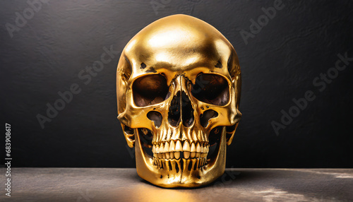Posh gold human skull on black wall photo with studio light product.