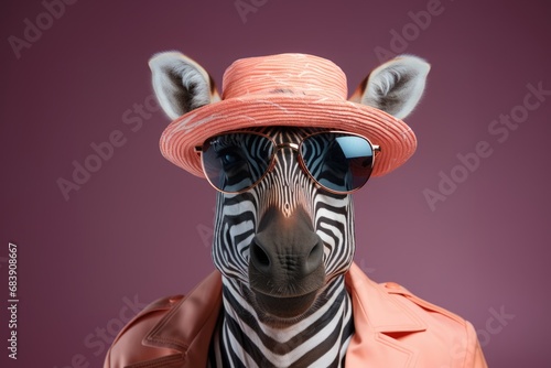 stylish zebra decked out in a trendy orange fedora  chic sunglasses  and a pink neck scarf  complemented by a bold pink background. The ensemble adds a touch of whimsy to the zebra s striking stripes.