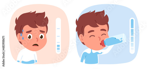 Thirsty and drinking water boy. Worried dehydrated kid suffering and child holding water bottle comparison, thirst scale. Aqua liquid, beverage, hydration concept flat vector person illustration