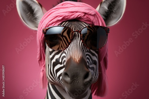 stylish zebra decked out in a trendy orange fedora  chic sunglasses  and a pink neck scarf  complemented by a bold pink background. The ensemble adds a touch of whimsy to the zebra s striking stripes.