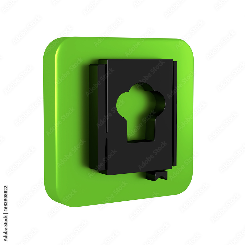 Black Cookbook icon isolated on transparent background. Cooking book icon. Recipe book. Fork and knife icons. Cutlery symbol. Green square button. Black Cookbook icon isolated on transparent background. Cooking book icon. Recipe book. Fork and knife icons. Cutlery symbol. Green square button.