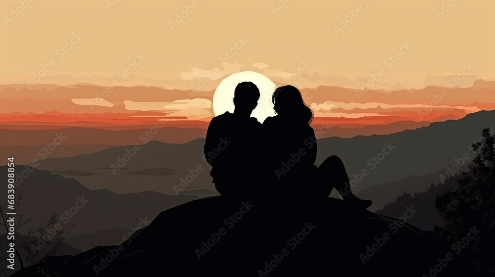 Romantic Couple Silhouette Enjoying Sunset View on Mountain Peak