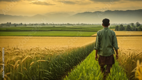 Indian man farmer walking in the rice field.