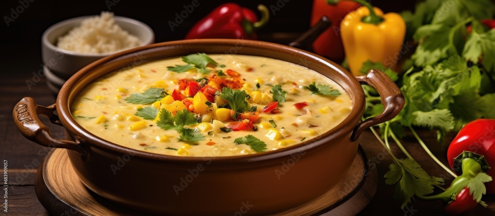 The creamy chowder, made with fresh yellow corn and an assortment of healthy vegetables, was a delicious and appetizing meal for dinner, showcasing the vibrant red and yellow colors of the ingredients The creamy chowder, made with fresh yellow corn and an assortment of healthy vegetables, was a delicious and appetizing meal for dinner, showcasing the vibrant red and yellow colors of the ingredients