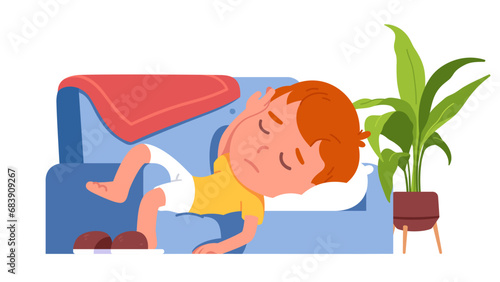 Lazy child person sleeping on couch. Sleepy, slump or tired boy kid lying resting on sofa at home. Afternoon procrastination, boredom, depression, laziness, relaxation flat vector illustration