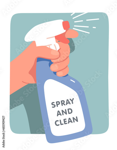 Spray and clean text with hand holding bottle. Maid hand spraying liquid detergent cleaner for cleaning, sanitizing. Home hygiene, housekeeping, sanitary disinfection sticker flat vector illustration