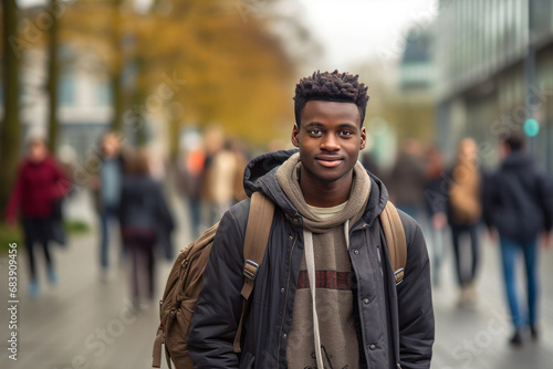 Young black refugee carrying a backpack on it, standing in front of the entrance to a European study center