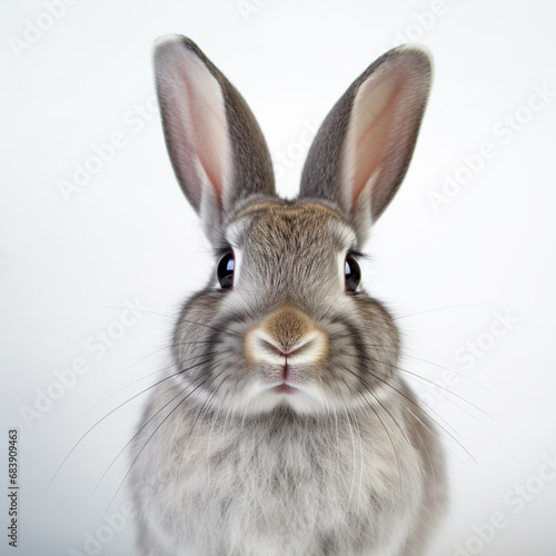 gray domestic pet rabbit with large ears against a light gray background. generative ai © Witri
