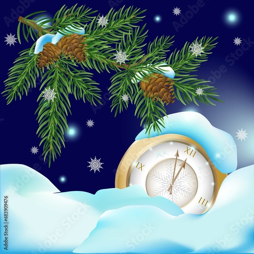 Christmas tree branch with pine cones and a clock in the snow