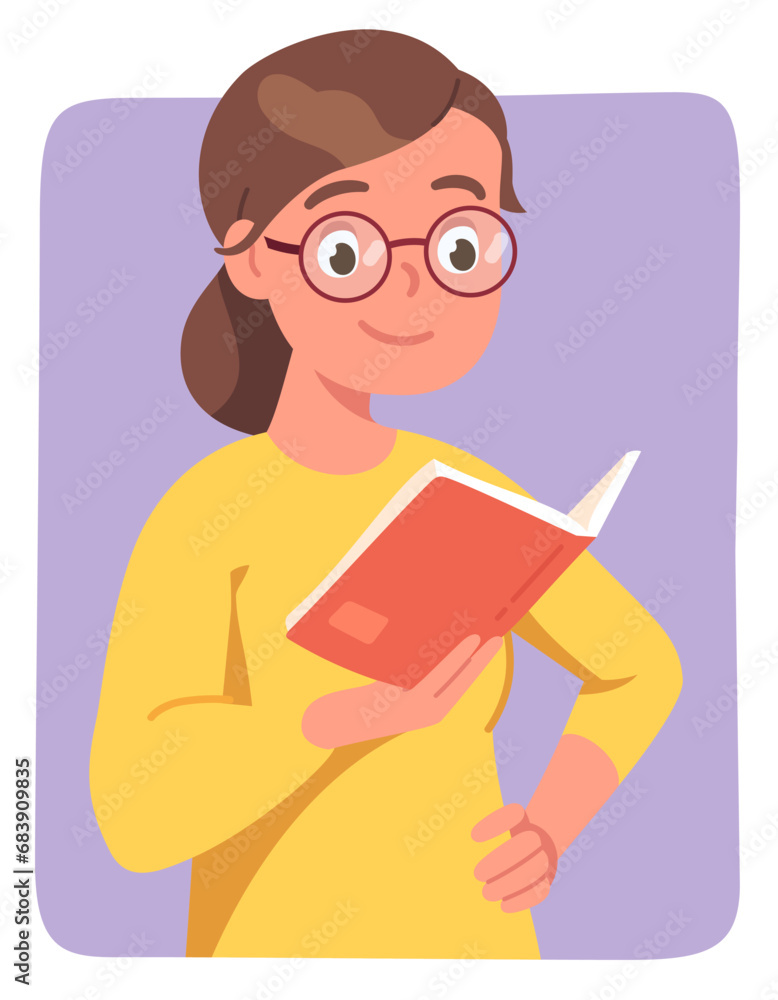 Teacher woman holding book. Smiling school teacher person in glasses standing teaching, reading textbook. School education, learning, knowledge, lecture, literature sticker flat vector illustration Teacher woman holding book. Smiling school teacher person in glasses standing teaching, reading textbook. School education, learning, knowledge, lecture, literature sticker flat vector illustration