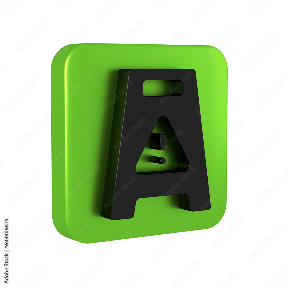 Black Wet floor and cleaning in progress icon isolated on transparent background. Cleaning service concept. Green square button. Black Wet floor and cleaning in progress icon isolated on transparent background. Cleaning service concept. Green square button.
