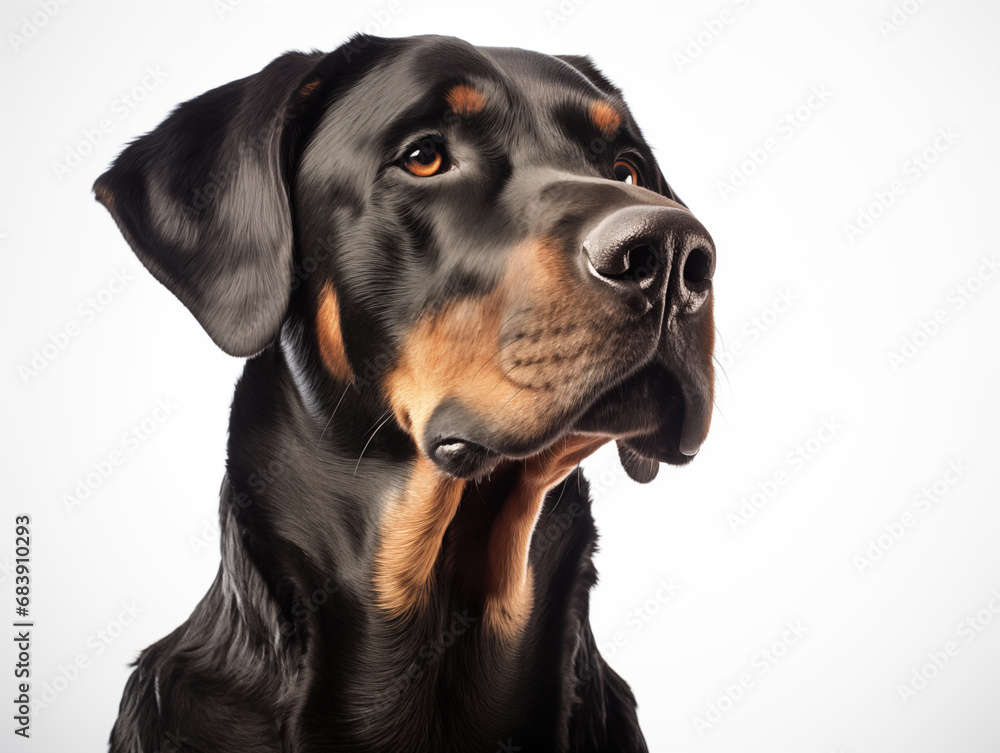 A purebred Doberman dog. Portrait. Isolated on a white background.