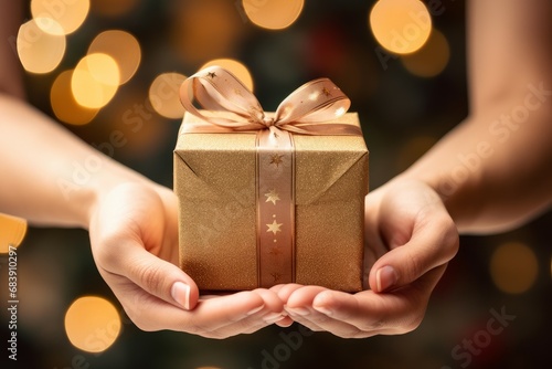 Surprising Hand holding gift box. Ribbon package. Generate Ai