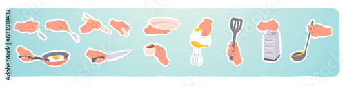 Chef hands holding kitchen utensils cooking set. Person hand preparing food with spoon, knife, pan, fork, cutlery tool collection. Restaurant kitchenware, preparation stickers flat vector illustration
