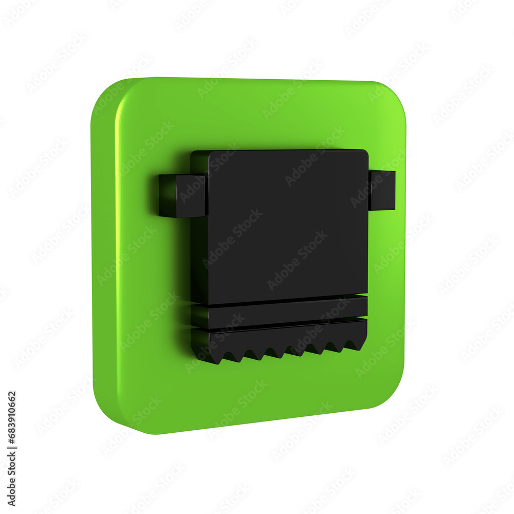 Black Towel on hanger icon isolated on transparent background. Bathroom towel icon. Green square button. Black Towel on hanger icon isolated on transparent background. Bathroom towel icon. Green square button.