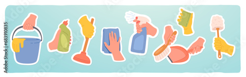 Hands holding cleaning housekeeping supplies set. Gloves, sponge, washing detergent spray bottle, bucket, brush, scoop equipment tool stickers. Home cleanup housework cleaners flat vector illustration photo