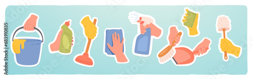 Hands holding cleaning housekeeping supplies set. Gloves, sponge, washing detergent spray bottle, bucket, brush, scoop equipment tool stickers. Home cleanup housework cleaners flat vector illustration