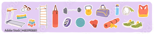 Sport gym fitness equipment stickers set. Weights, treadmill, gym wall bars, fitness ball, sportswear. Healthy athletic training, sport exercise activity, workout collection flat vector illustration