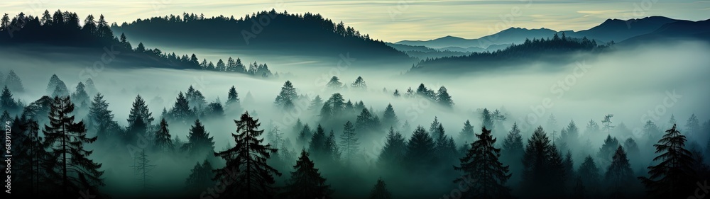 Misty Forest Panorama: Serene and Mysterious Landscape