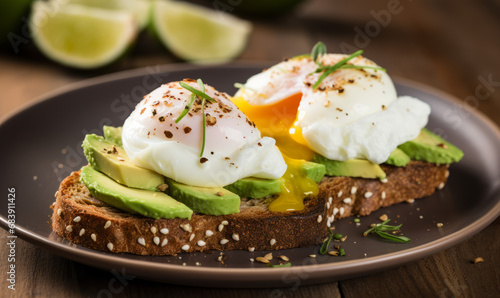 Savoury poached eggs on avocado toast with fresh greens and sesame seeds.