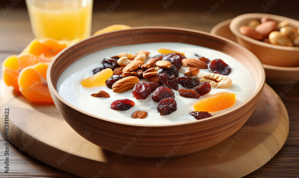 A bowl of yogurt with an assortment of dried fruits and nuts on a wooden tray. A bowl of yogurt with an assortment of dried fruits and nuts on a wooden tray.