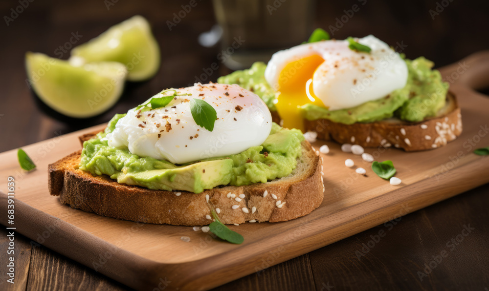 Savoury poached eggs on avocado toast with fresh greens and sesame seeds. Savoury poached eggs on avocado toast with fresh greens and sesame seeds.