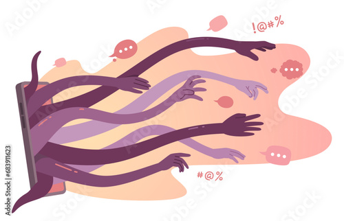 Online fears, disinformation news dangerous information from net, social media haters, internet hate speech, phone reaching out grabbing hands. Internet content overload vector illustration concept