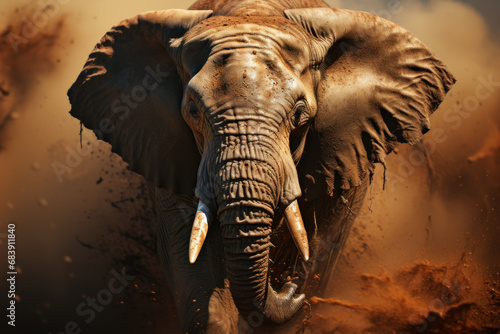 Adult elephant running on african savannah. Created with Generative AI © Uliana