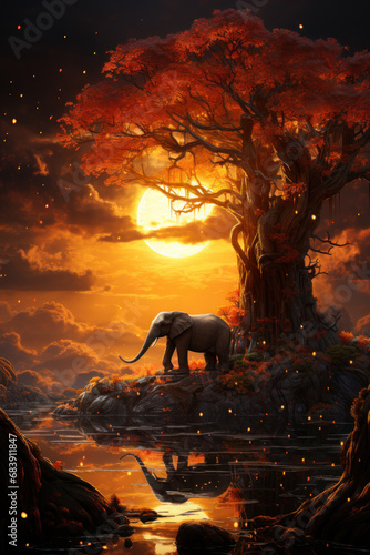 An elephant stands on the bank of the river Under a large tree and is reflected in the water. Created with Generative AI