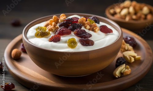 A bowl of yogurt with an assortment of dried fruits and nuts on a wooden tray.