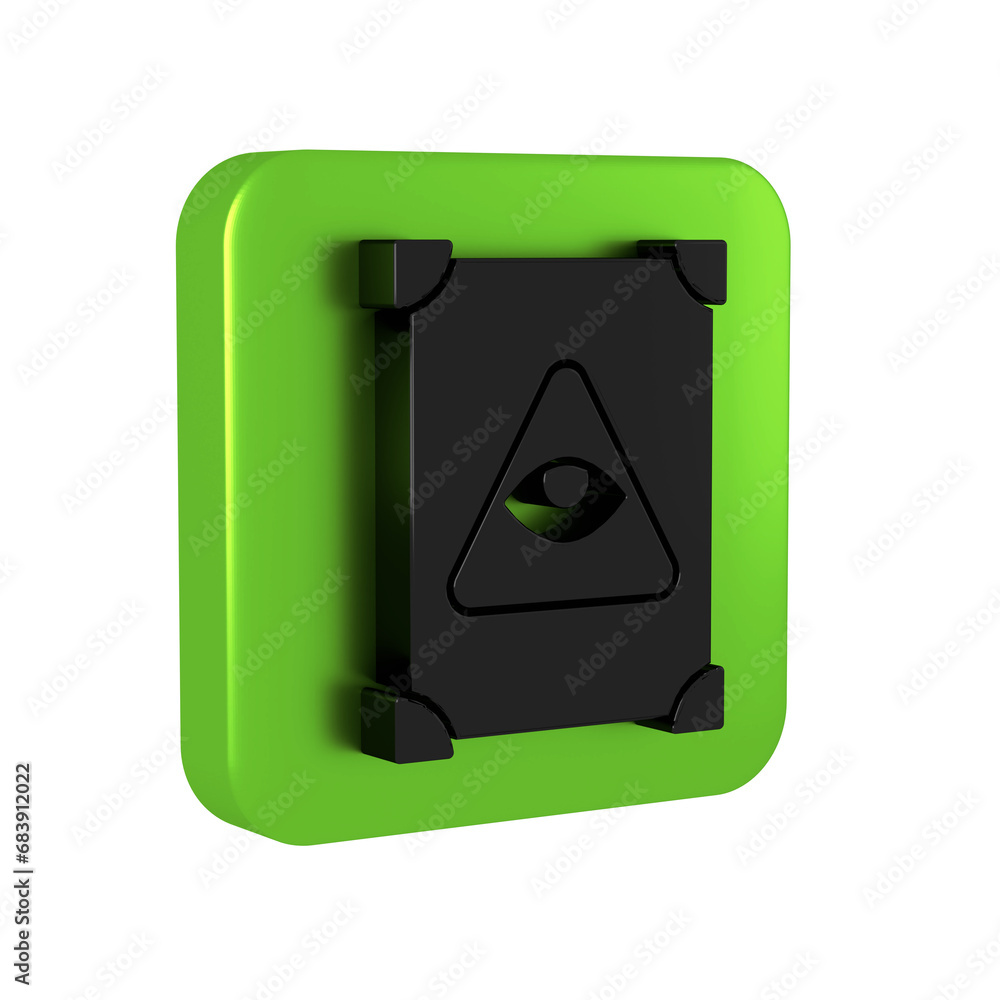 Black Ancient magic book with alchemy recipes and mystic spells and enchantments icon isolated on transparent background. Green square button. Black Ancient magic book with alchemy recipes and mystic spells and enchantments icon isolated on transparent background. Green square button.