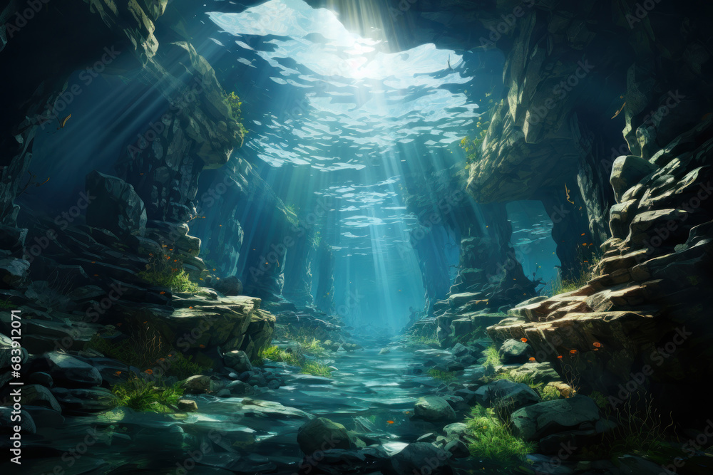Underwater background deep blue sea and light. Ai generative