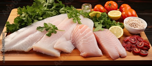 On the white isolated background, a variety of fish fillets including pangasius, pollock, catfish, cod, and haddock lay raw and frozen on a board. The white meat, healthy and succulent, awaits the photo