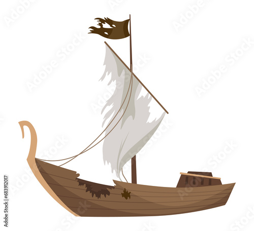 Broken ship icon. Cartoon wooden battered ship with tattered flag and sails after wreck or attack. Destroyed, wreck ship isolated on white background photo