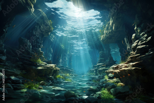 Underwater background deep blue sea and light. Ai generative © Uliana