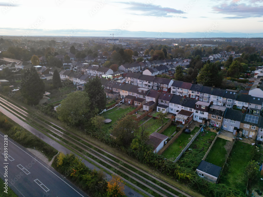 Luton and Dunstable Town's Aerial Footage of Borders of Both Neighbouring Towns of England UK During Orange Sunset