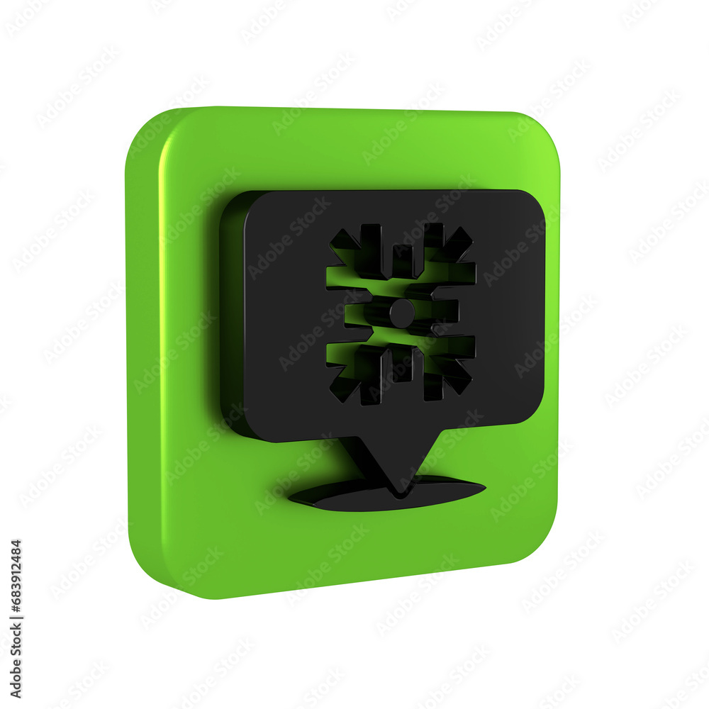 Black Snowflake with speech bubble icon isolated on transparent background. Merry Christmas and Happy New Year. Green square button. Black Snowflake with speech bubble icon isolated on transparent background. Merry Christmas and Happy New Year. Green square button.