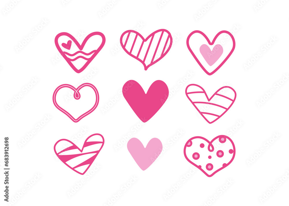 Set of doodle style hearts. Vector icons, design for Valentine's Day.  Signs, symbols of love, emotions, background  isolated.